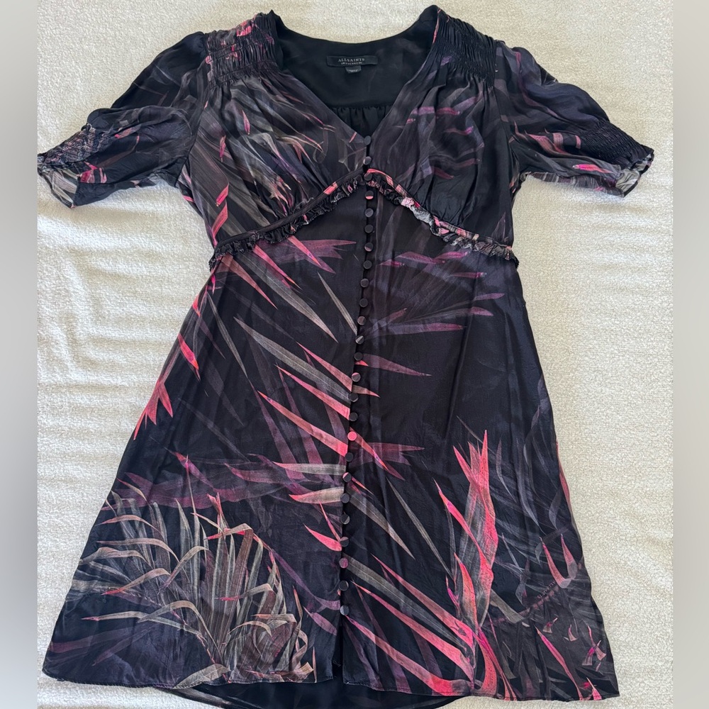 All Saints Black and Pink Asymmetrical Mini Dress